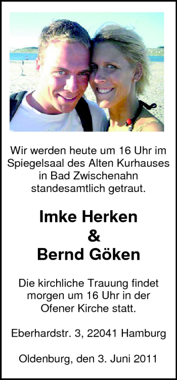 Hochzeitsanzeige von Imke Herken von Nordwest-Zeitung