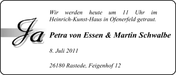 Hochzeitsanzeige von Petra von Essen von Nordwest-Zeitung