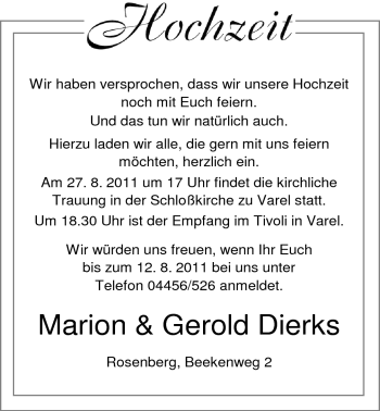 Hochzeitsanzeige von Marion Dierks von Nordwest-Zeitung