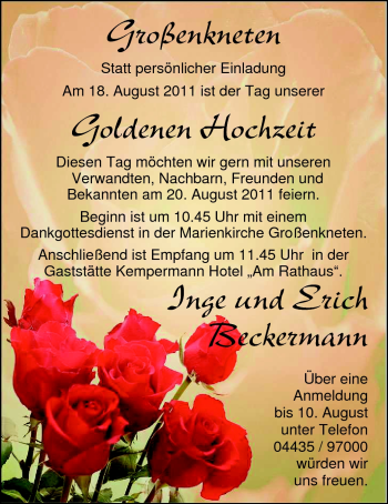 Hochzeitsanzeige von Inge Beckermann von Nordwest-Zeitung
