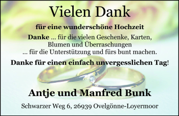 Hochzeitsanzeige von Antje Bunk von Nordwest-Zeitung