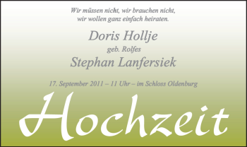 Hochzeitsanzeige von Doris Hollje von Nordwest-Zeitung