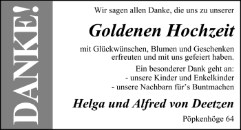 Hochzeitsanzeige von Helga von Deetzen von Nordwest-Zeitung