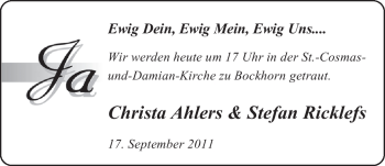 Hochzeitsanzeige von Christa Ahlers von Nordwest-Zeitung
