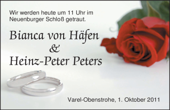 Hochzeitsanzeige von Bianca von Häfen-Peters von Nordwest-Zeitung