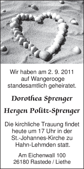 Hochzeitsanzeige von Sprenger Dorothea von Nordwest-Zeitung