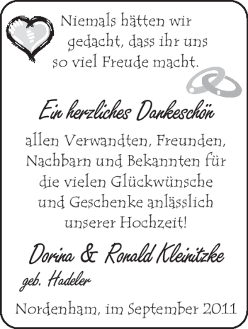 Hochzeitsanzeige von Dorina Kleinitzke von Nordwest-Zeitung