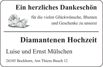 Hochzeitsanzeige von Luise Mülschen von Nordwest-Zeitung
