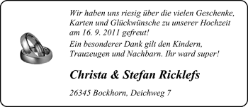 Hochzeitsanzeige von Christa Ricklefs von Nordwest-Zeitung