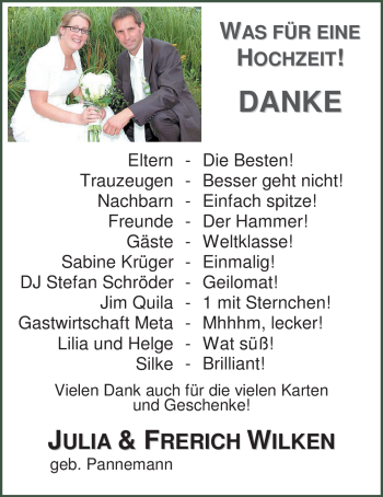Hochzeitsanzeige von Julia Wilken von Nordwest-Zeitung