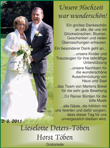 Hochzeitsanzeige von Lieselotte Deters von Nordwest-Zeitung