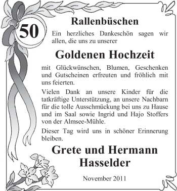 Hochzeitsanzeige von Grete Hasselder von Nordwest-Zeitung