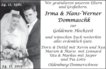 Hochzeitsanzeige von Irma Dommaschk von Nordwest-Zeitung