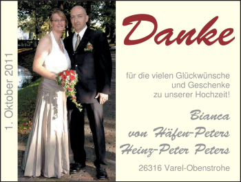 Hochzeitsanzeige von Bianca von Häfen-Peters von Nordwest-Zeitung
