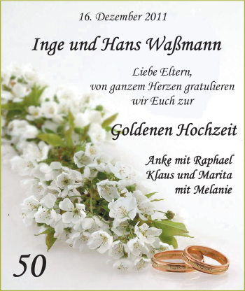 Hochzeitsanzeige von Inge Waßmann von Nordwest-Zeitung