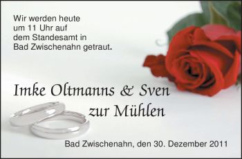 Hochzeitsanzeige von Imke Oltmanns von Nordwest-Zeitung