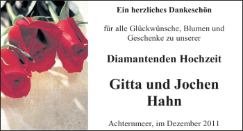 Hochzeitsanzeige von Gitta Hahn von Nordwest-Zeitung