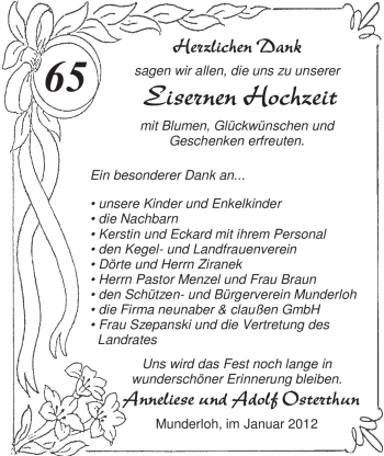 Hochzeitsanzeige von Anneliese Osterthun von Nordwest-Zeitung