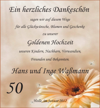 Hochzeitsanzeige von Inge Waßmann von Nordwest-Zeitung
