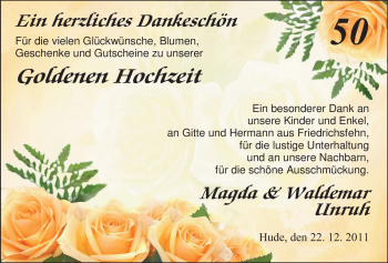 Hochzeitsanzeige von Magda Unruh von Nordwest-Zeitung