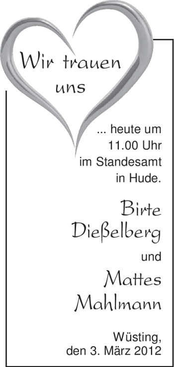 Hochzeitsanzeige von Birte Dießelberg von Nordwest-Zeitung