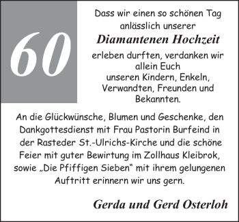 Hochzeitsanzeige von Gerda Osterloh von Nordwest-Zeitung
