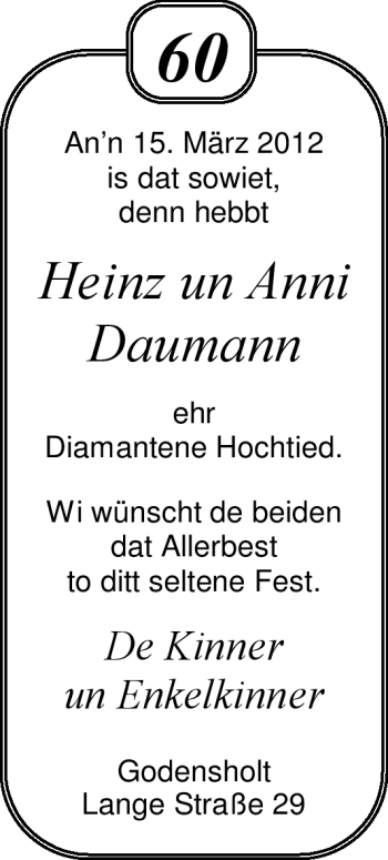 Hochzeitsanzeige von Anni Daumann von Nordwest-Zeitung
