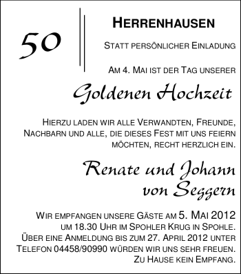 Hochzeitsanzeige von Renate von Seggern von Nordwest-Zeitung