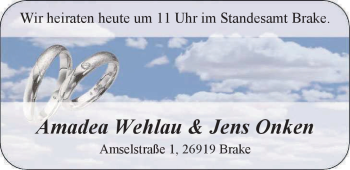 Hochzeitsanzeige von Amadea Wehlau von Nordwest-Zeitung