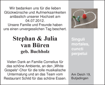 Hochzeitsanzeige von Julia van Büren von Nordwest-Zeitung