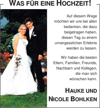 Hochzeitsanzeige von Nicole Bohlken von Nordwest-Zeitung