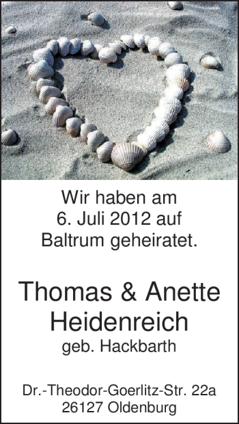 Hochzeitsanzeige von Anette Heidenreich von Nordwest-Zeitung