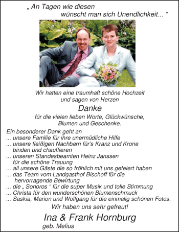 Hochzeitsanzeige von Ina Hornburg von Nordwest-Zeitung