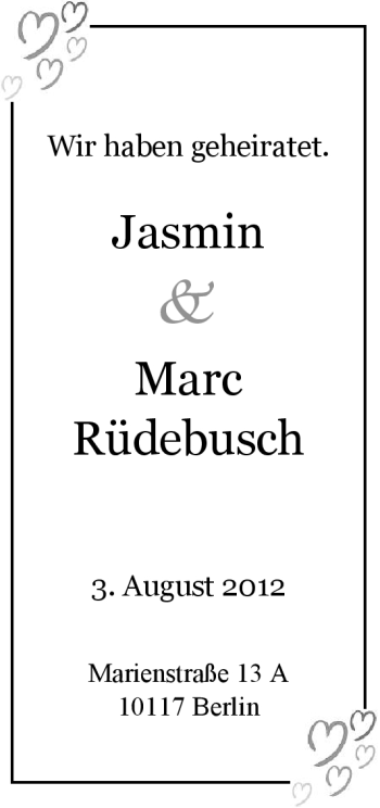 Hochzeitsanzeige von Jasmin Rüdebusch von Nordwest-Zeitung