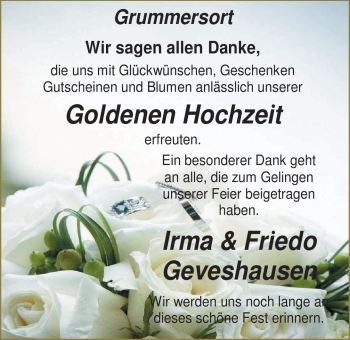 Hochzeitsanzeige von Irma Geveshausen von Nordwest-Zeitung