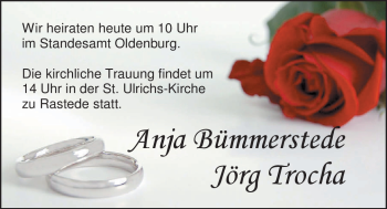 Hochzeitsanzeige von Bümmerstede Anja von Nordwest-Zeitung