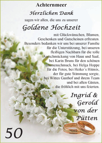 Hochzeitsanzeige von Ingrid von der Pütten von Nordwest-Zeitung