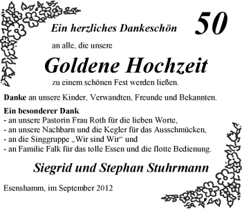 Hochzeitsanzeige von Siegrid Stuhrmann von Nordwest-Zeitung