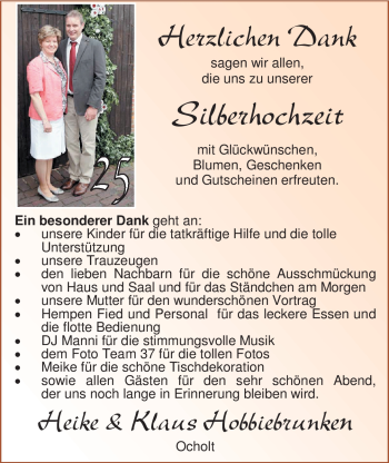 Hochzeitsanzeige von Heike Hobbiebrunken von Nordwest-Zeitung