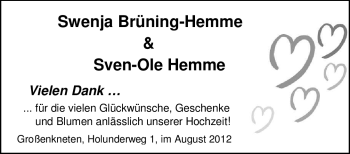 Hochzeitsanzeige von Swenja Brüning-Hemme von Nordwest-Zeitung