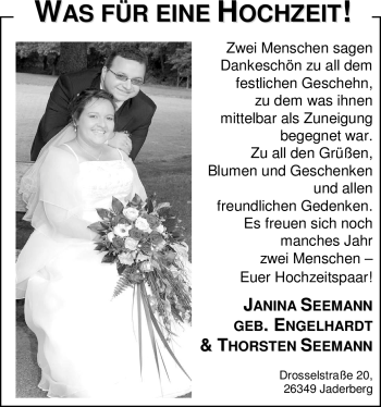 Hochzeitsanzeige von Janina Seemann von Nordwest-Zeitung