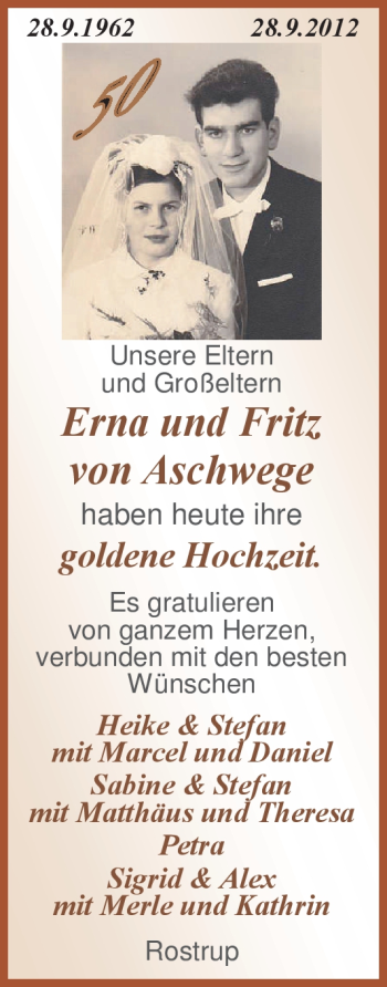 Hochzeitsanzeige von Erna von Aschwege von Nordwest-Zeitung