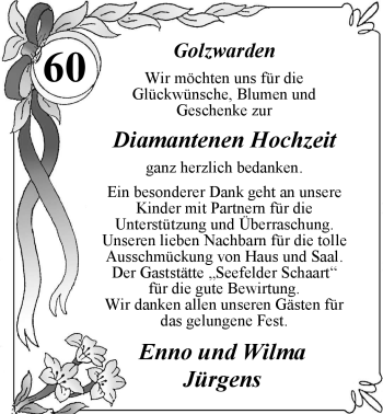Hochzeitsanzeige von Wilma Jürgens von Nordwest-Zeitung