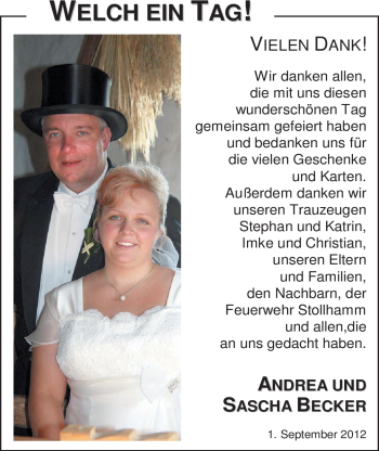 Hochzeitsanzeige von Andrea Becker von Nordwest-Zeitung