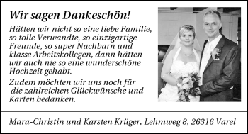 Hochzeitsanzeige von Mara-Christin Krüger von Nordwest-Zeitung