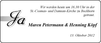 Hochzeitsanzeige von Maren Petermann von Nordwest-Zeitung