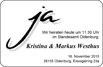 Hochzeitsanzeige von Kristina Westhus von Nordwest-Zeitung