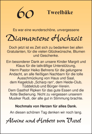 Hochzeitsanzeige von Herbert von Varel von Nordwest-Zeitung