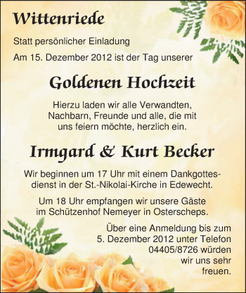 Hochzeitsanzeige von Irmgard Becker von Nordwest-Zeitung