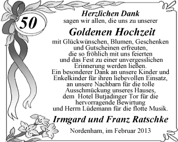 Hochzeitsanzeige von Franz Ratschke von Nordwest-Zeitung